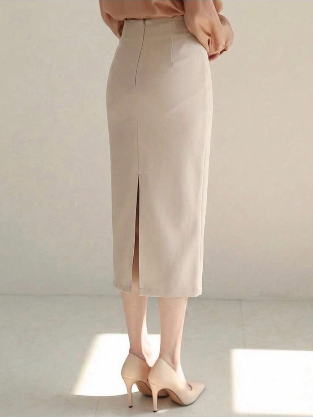 Elegant Beige Pencil Skirt - Classic High-Waist Midi - Picture 2 of 5